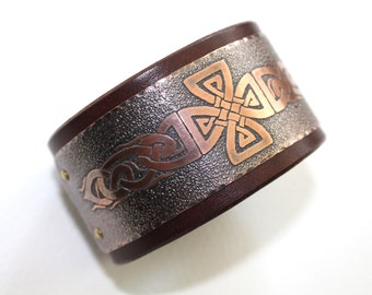 Celtic mens bracelet natural leather and etched copper