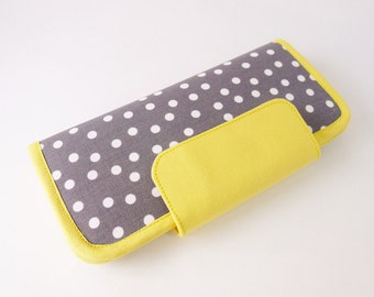 Gray yellow wallet, grey wallet, fabric wallet with zipper pocket, bifold purse