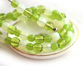 Green Yellow beads Mix, Czech glass round spacers, druk, small, melon green - 4-3mm - approx.100Pc - 0170