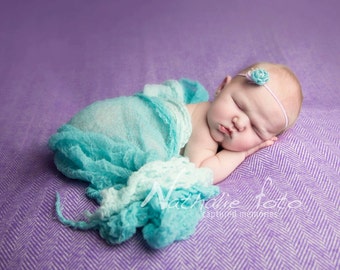 Aqua Flower Headband...Photography Prop Set...Newborn Photo Props...Baby Girl Headband...Newborn Wraps...Flower Headband...Newborn