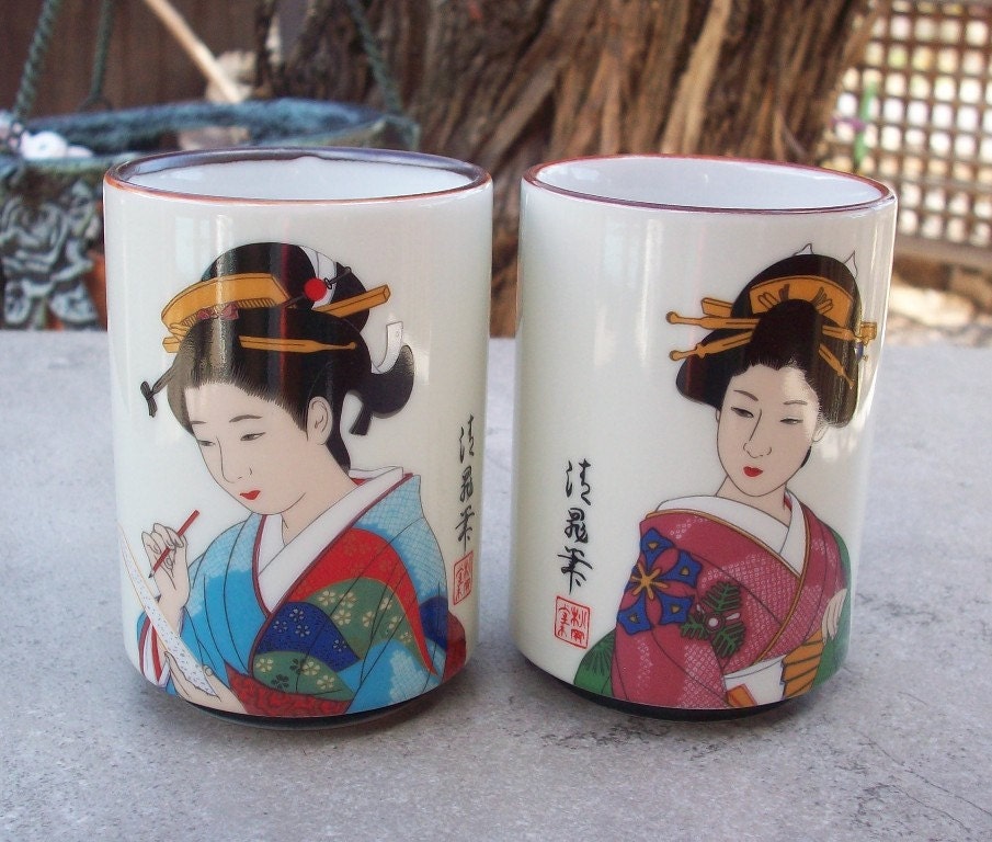 Vintage Geisha Girl Sake Cups Set of 2 Geisha Girl Cups Japan Haute Juice