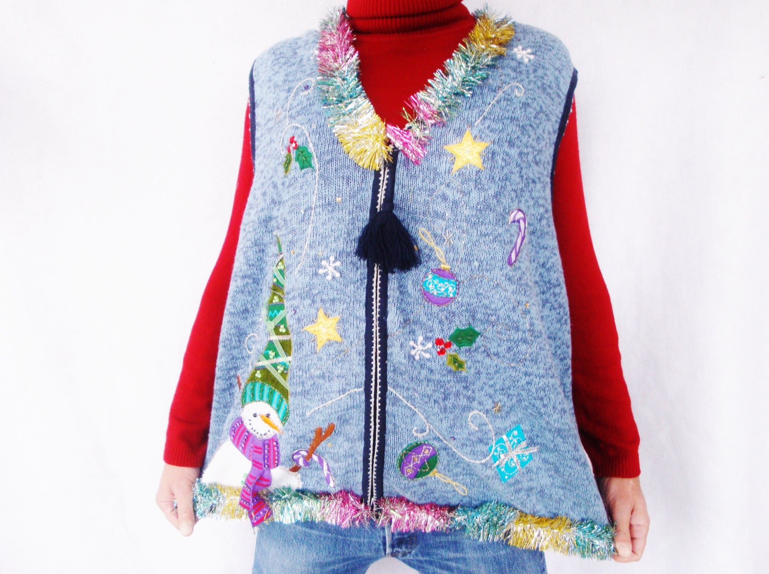 Plus Size Ugly Christmas Sweater Vest Blue Vintage Tacky Xmas