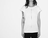 TAN001 - Woman Rolled Sleeve Tunic T-Shirt S M L Farbe weiss schwarz Motiv schwarz  weiß 100% Baumwolle