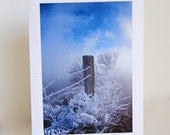 Fencepost in Snow Photo Greeting Card, Blank White Notecard, Fine Art Photography, Frozen Barbed Wire, Atmospheric Image, Winter Scene