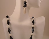 Black and White Glass Beads Beaded Necklace and Dangle Earrings Set