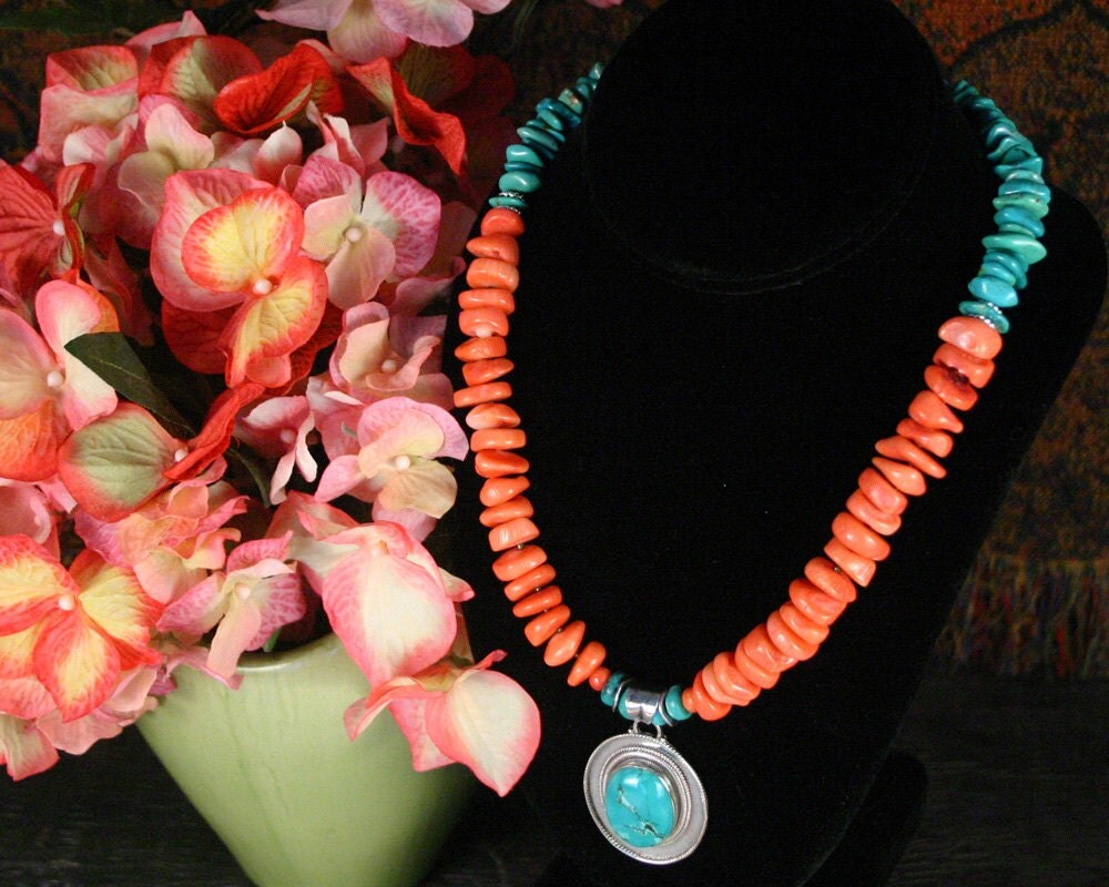 Turquoise And Coral Necklace Sterling Silver Turquoise   Il Fullxfull.627959385 Nxou 