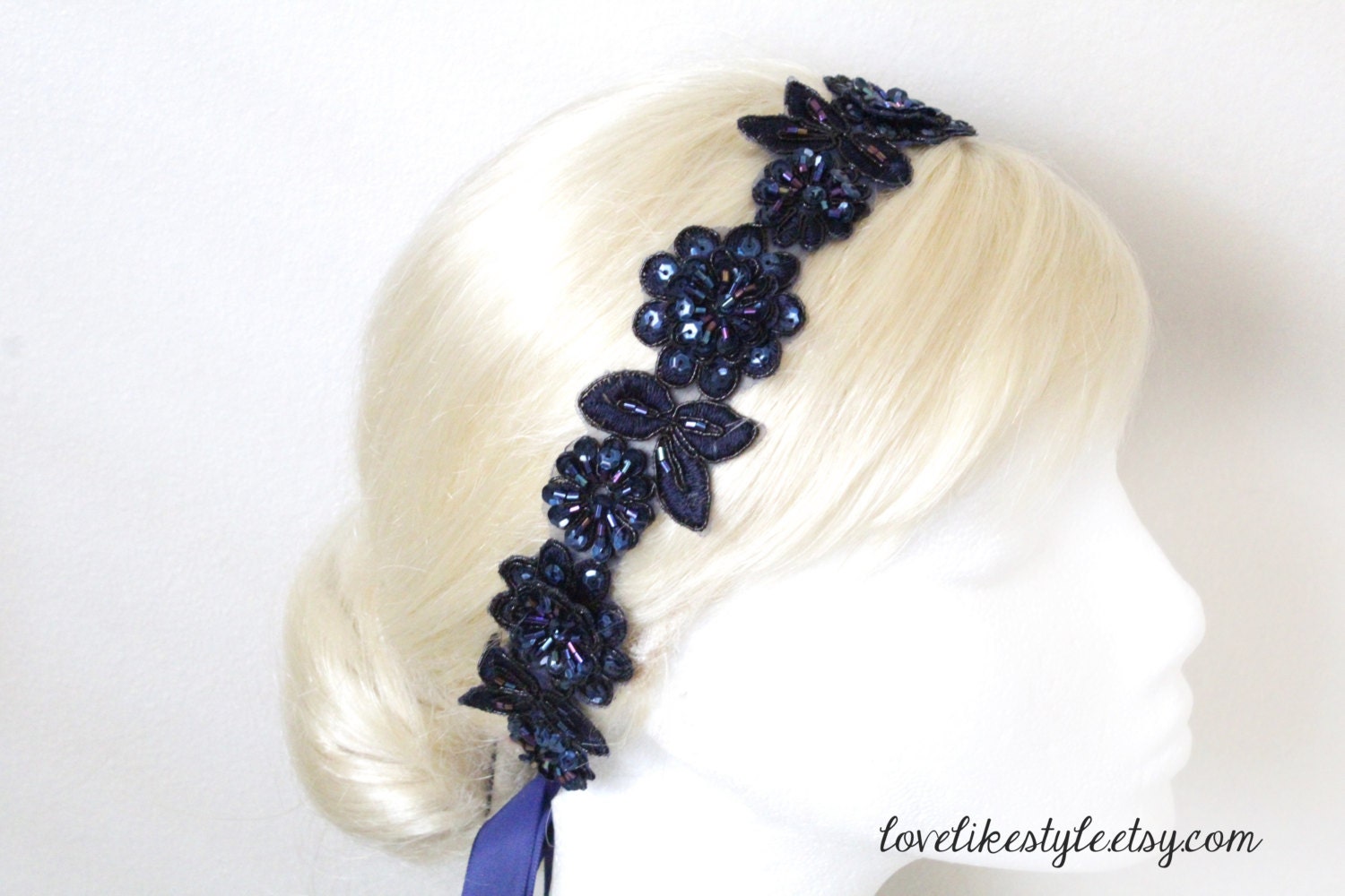 Navy Beaded Lace Headband Navy Lace Head Tie Bridal