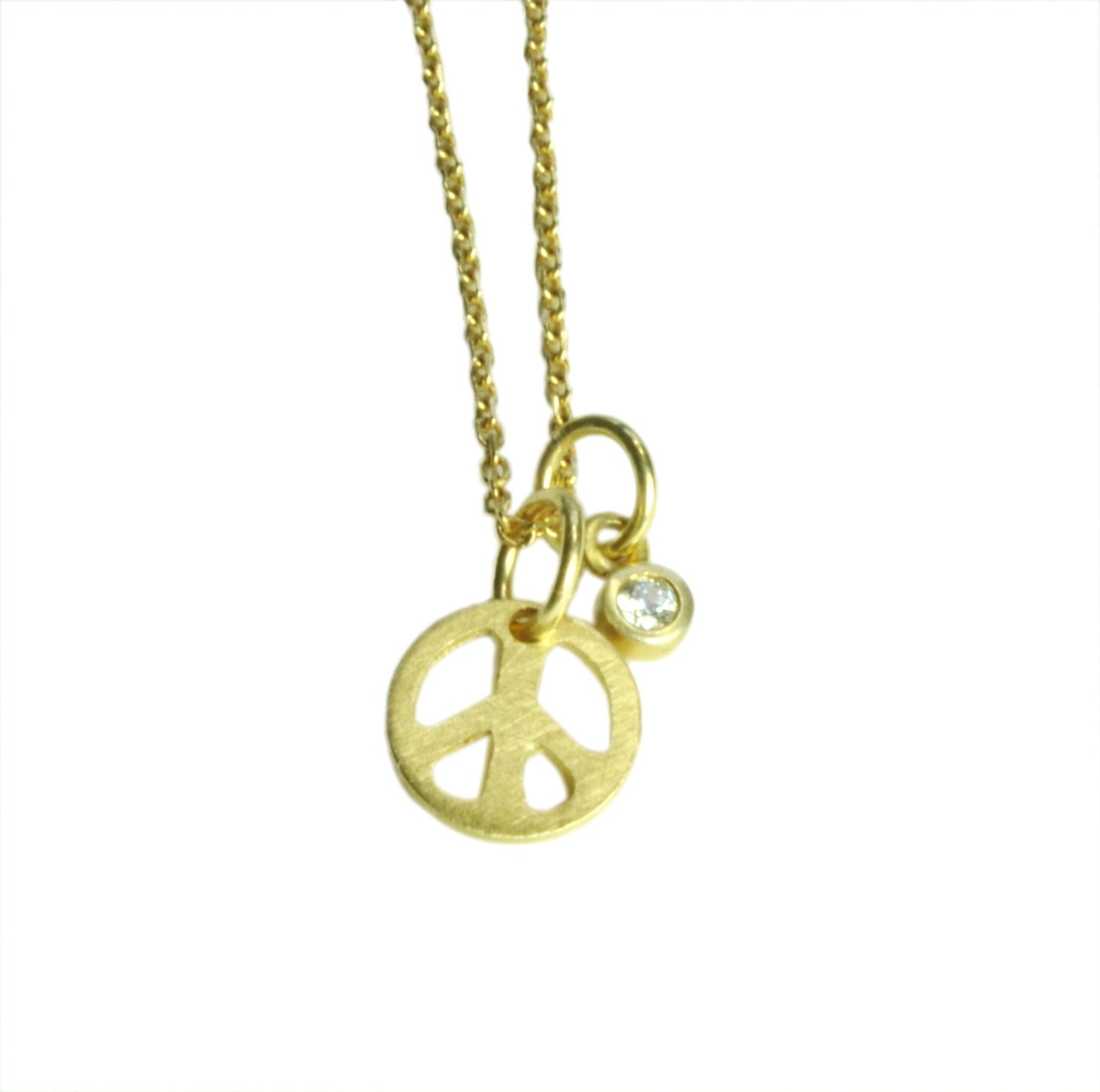 Solid 14K Gold and Diamond Peace Sign Necklace