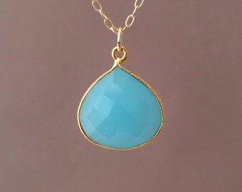 Gold Blue Chalcedony Teardrop Necklace Long or Short