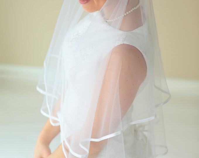 2-Tier Waist length round veil with Satin ribbon, bridal veil, veils with embellishments, white, ivory, light ivory, diamond white colors