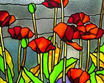 Red Poppies Stained Glass Window Panel