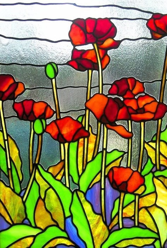 Items similar to Red Poppies Stained Glass Window Panel on Etsy