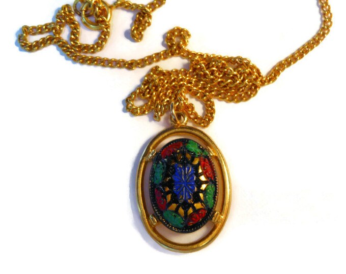 SALE Sarah Coventry pendant with chain, 1968 'Light of the East' Blue Mosaic look pendant with chain
