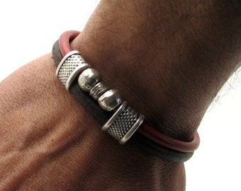 EXPRESS SHIPPING Men's Bracelet.Brown leather and red leather multi strand bracelet with silver plated spacer and clasp.Mens gift.