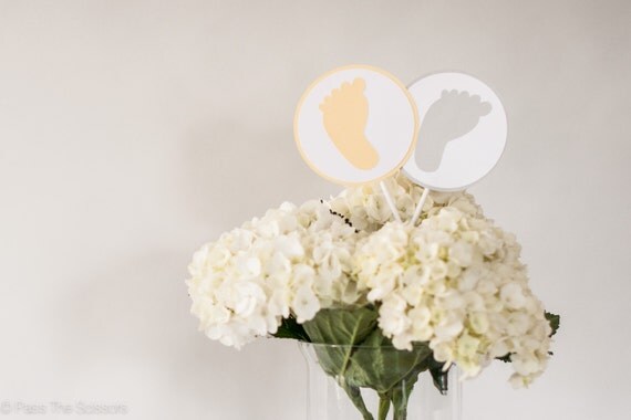 Baby Shower Centerpiece Sticks, Footprint Baby Shower Decor, Gender Neutral Baby Shower, Yellow Gray Baby Shower, Custom Centerpiece Il_570xn