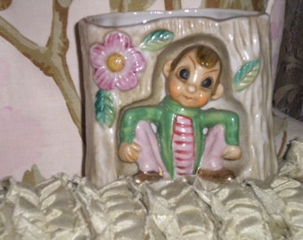 RARE,,,,ADoRaBle Vintage Elf Planter, Japan, Whimsical, Baby's Room, Pen Holder, Collectible Planter, Elf/Pixie Planter