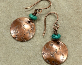 Turquoise and Hammered Copper Earrings, Turquoise Earrings, Southwestern Earrings, Rustic Earrings, Primitive Earrings, Hammered Earrings