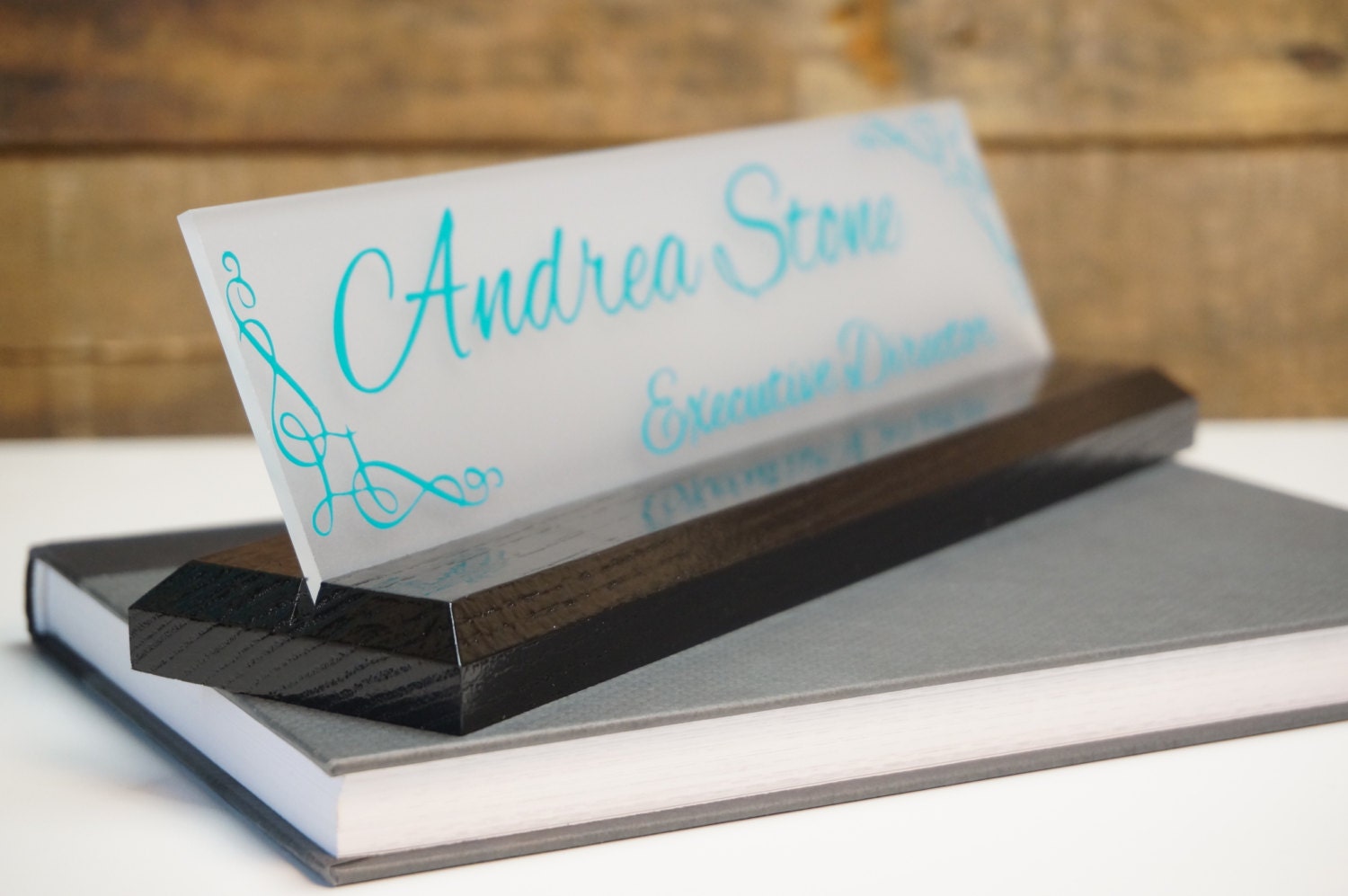thumbnail image 2 of Personalized Wood & Brass Desk Name Plate – Black Piano Finish, Free Standing 2 of 3