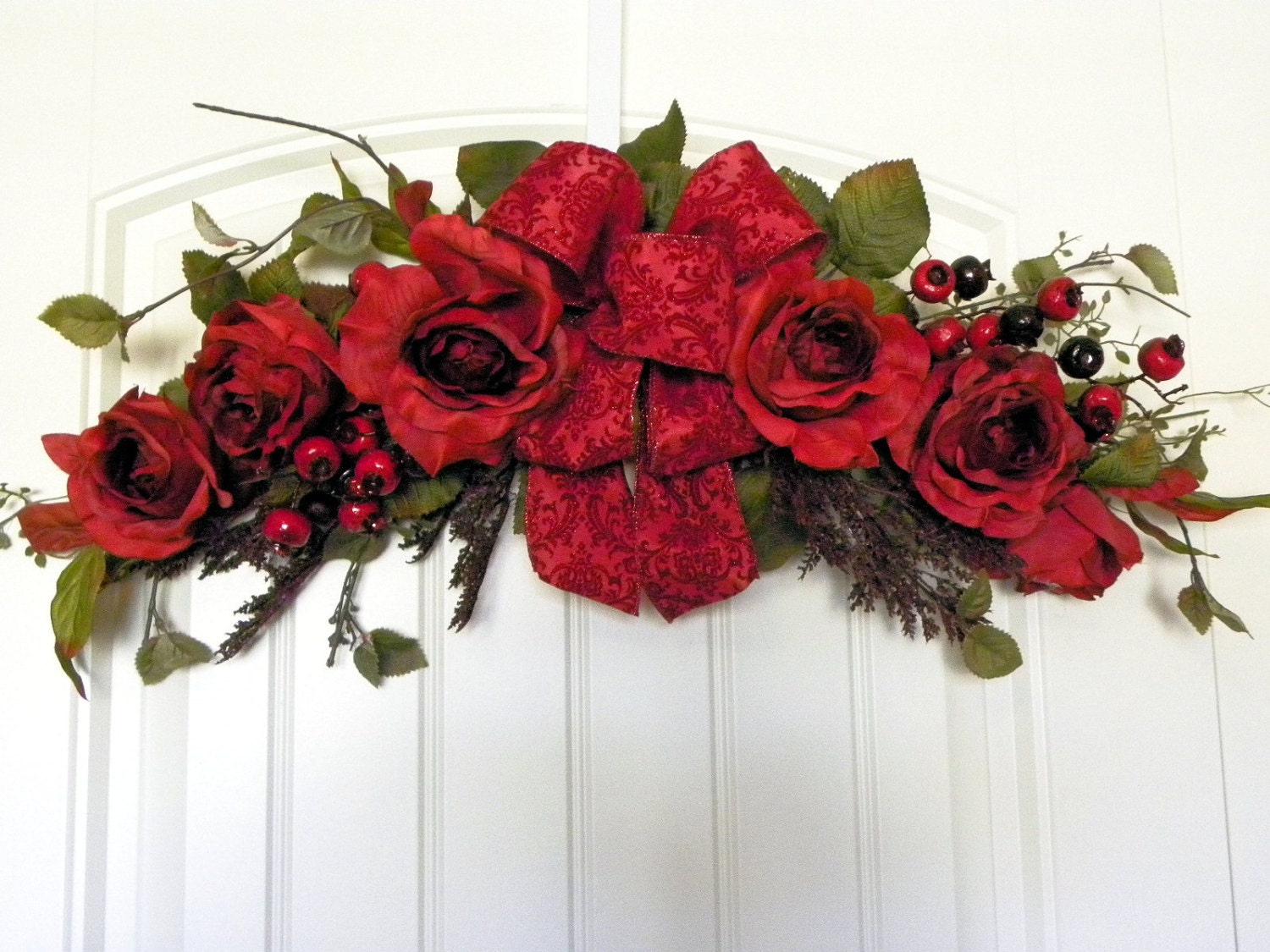Red Rose Silk Floral Swag w Berries
