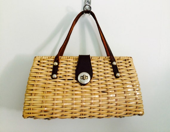 vintage straw handbag with leather handles