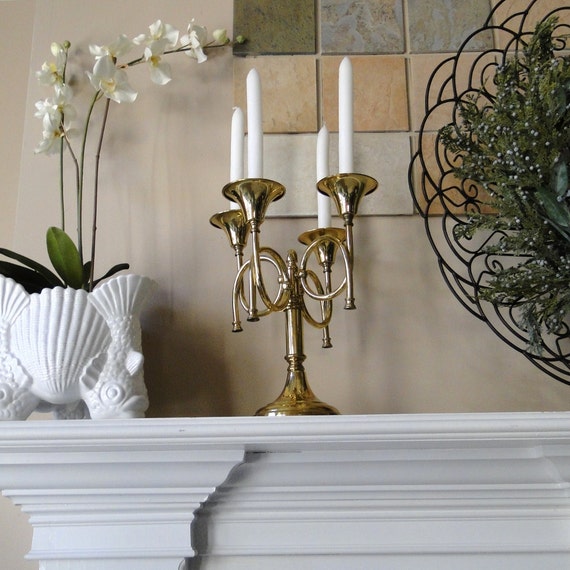 Vintage Candelabra Brass Horn Four Arm Candle Holder Bright