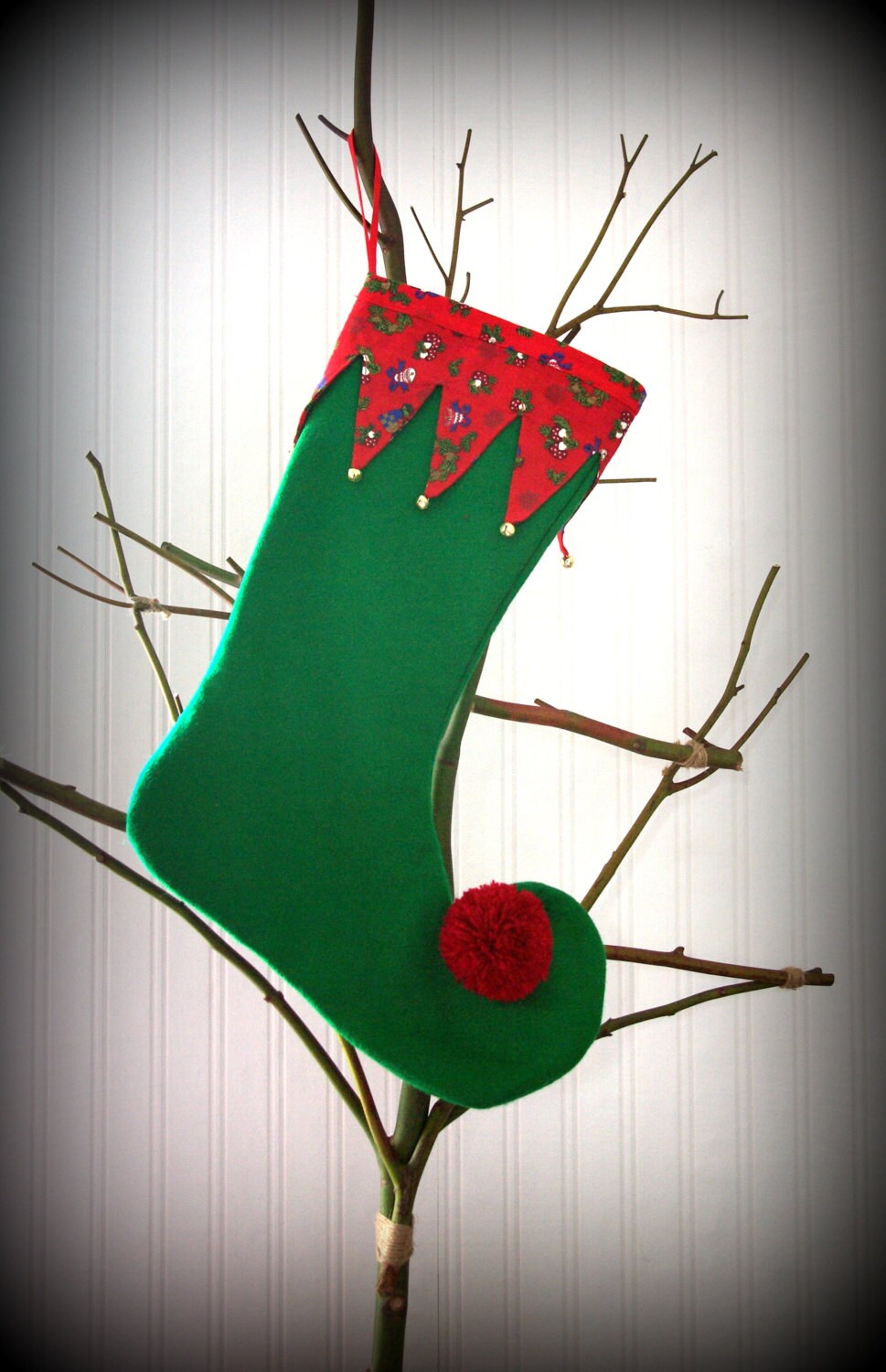 Christmas Stocking, Elf style stocking, green felt stocking, handmade stocking, Christmas UK, elf, stocking, UK seller