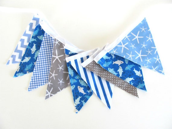 Boy's Bunting Fabric Banner Shark Flags Blue Grey by