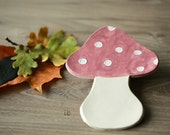 Ceramic Mushroom Plate Pink  and White Dots Dish Mauve Pottery Spoon Rest Woodland Kitchen Decoration