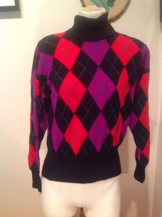 Escada Purple, Black and Red Argyle Wool Turtleneck Sweater