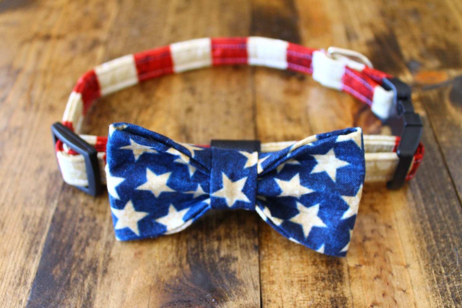 Dog collar and Dog bow tie in patriotic Red White and Blue