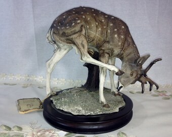 Giuseppe Armani Florence Italy Rare 1980 Porcelain Resin Deer Statue Original Tag Signed GA Capodemonte Blue N Mark Wild Life Statue