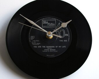 Stevie Wonder Vinyl Record CLOCK from recycled 7" single "You Are The Sunshine of My LIfe" Romantic gift wedding anniversary birthday, etc