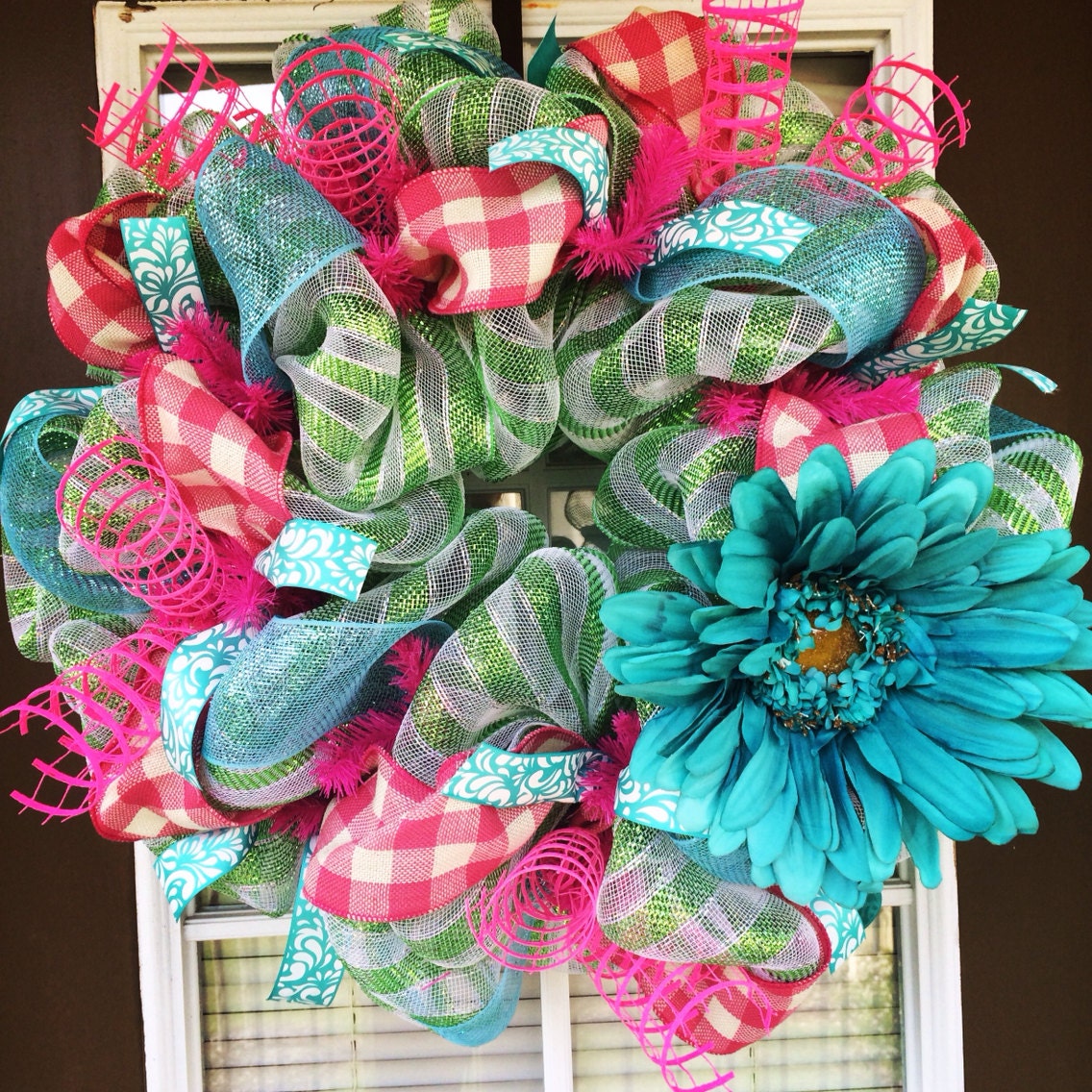 Turquoise Daisy Summer Mesh Wreath