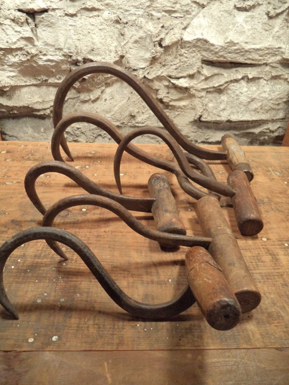 6 antique butcher's meat hooks primitive rustic hand