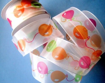 Balloons Party Sheer Wired Ribbon, Muti, 1 1/2 inch wide, 1 yard, For Gift Packing, Wreaths, Center Pieces, Home Decor, Romantic Crafts.
