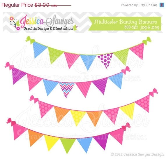 50% OFF - INSTANT DOWNLOAD, Bunting banner clipart - flag clip art - whimsical - patterned- commercial use - card making - digital element Il_570xn