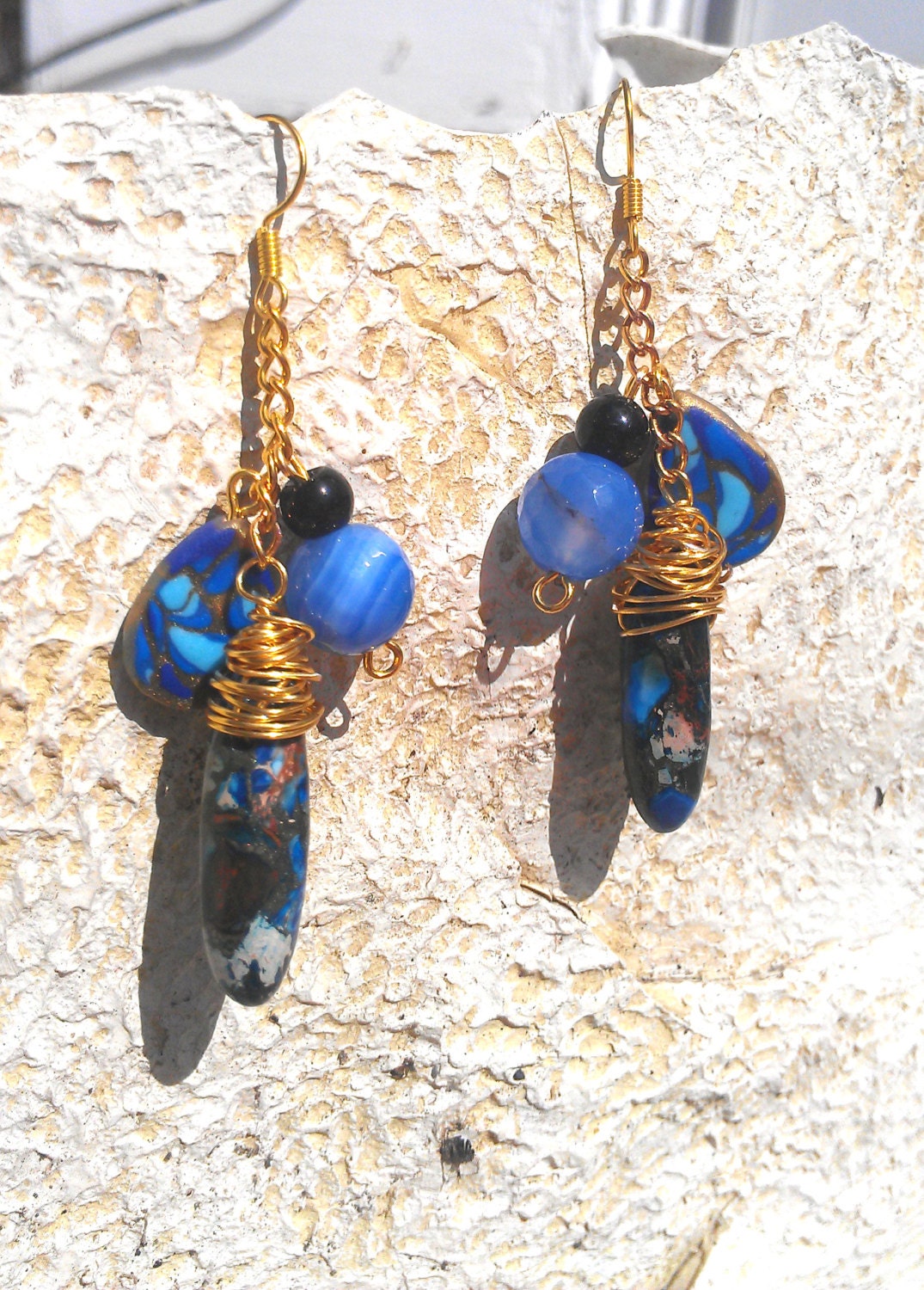 Gold Wrapped Earrings Ocean Blue Sea Sediment by MadlinsJewelry
