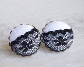 Black white Lace earring stud, fabric earrings studs, Linen romantic earring posts, White Button earrings - medium siz