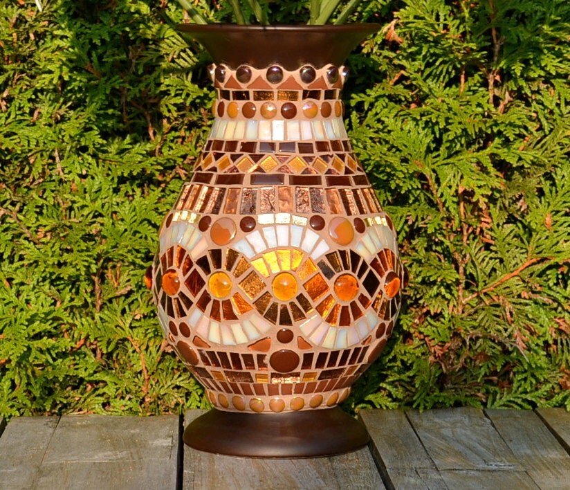 Brown and gold mosaic vase ceramic and glass