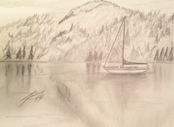 Boat on the Lake Original 8 X 10 Pencil Drawing by paintingjimmy1