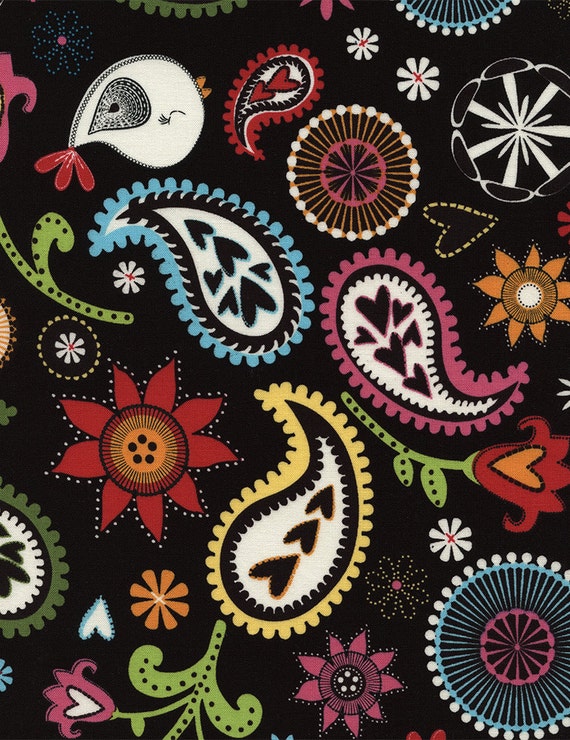 Timeless Treasures Folk Song Collection Birds and Paisley in Black by the Yard