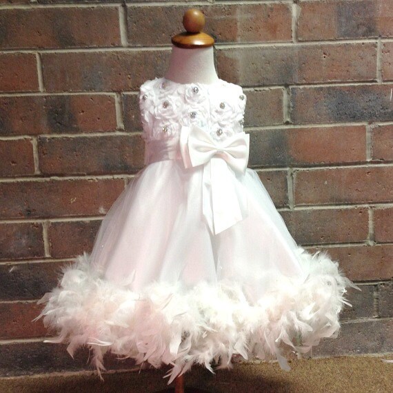 Items similar to Feather Flower Girl Dress  Rhinestone 