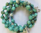 5 Decade Rosary bracelet, "Turquoise" 8mm beads, African turquoise, jasper, agate beads, memory wire, Five Decade Rosary bracelet. (63)