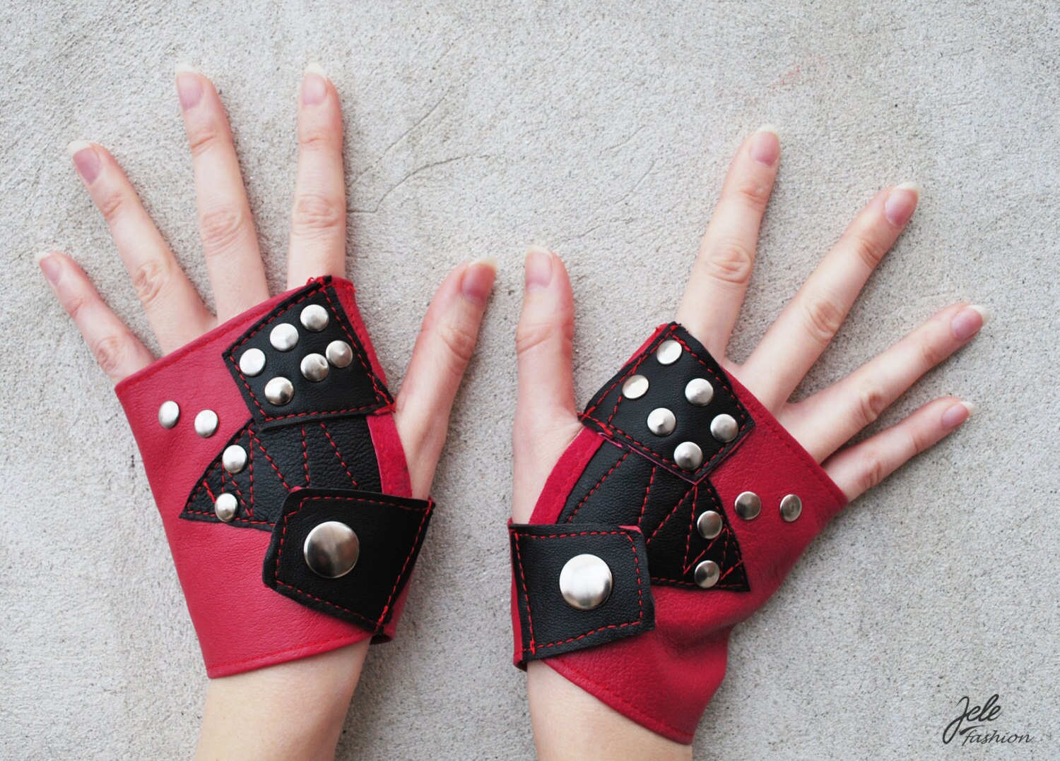 Red leather gloves fingerless gloves red and black by JeleFashion