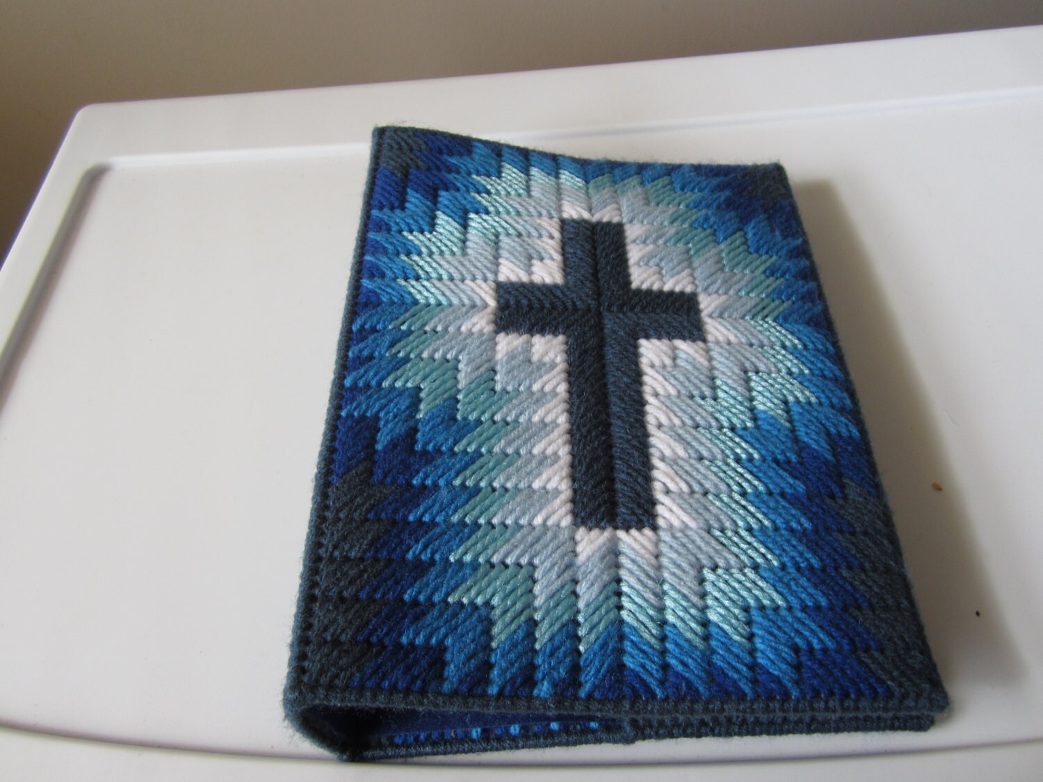 BIBLE COVER with CROSS in plastic needlepoint canvas