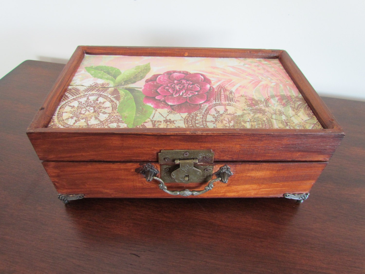 Dark Brown Wooden Jewelry Box with Floral Design