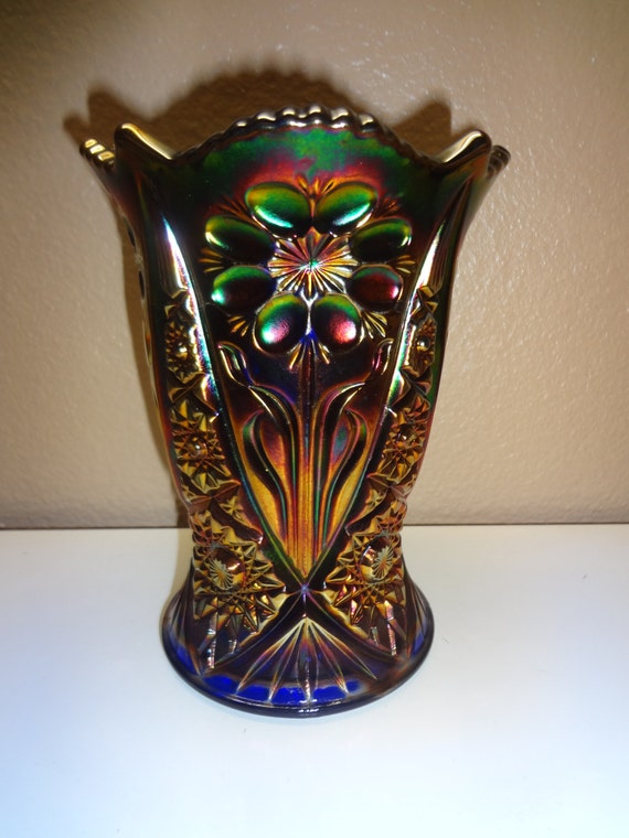 Items similar to Vintage Fenton Blue Carnival Glass Vase on Etsy