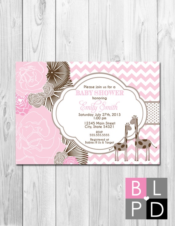 Little Giraffe Baby Shower Invitation - Brown and Pink Big Blooms and Chevron Stripes - DIY - Printable Il_570xn