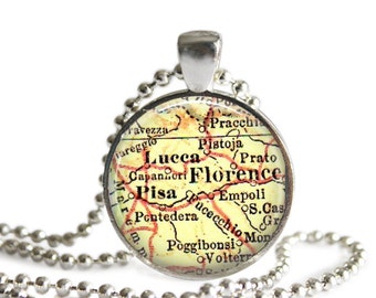 Florence Italy map necklace pendant charm, photo gift, mom gift, Pisa vintage map jewelry, Italian charm necklace, Custom Florence pendant