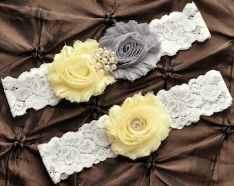 Wedding Garter Belt, Bridal Garter Set - Lace Garter, Keepsake Garter, Toss Garter, Shabby Gray Light Yellow Wedding Garter, You Pick Colors
